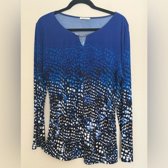 Calvin Klein Blue and Black Ombré Women's Blouse with Keyhole Neck Detail,Large - Picture 1 of 5